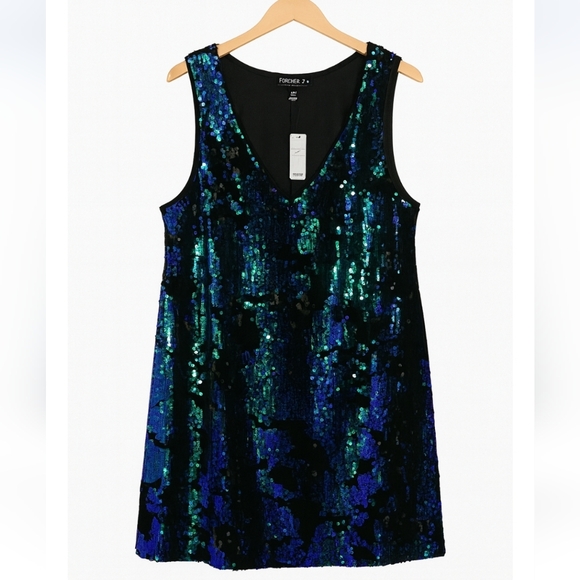 Sequin V-Neck Dress - Blue and Green - Picture 2 of 3